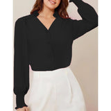 Women's V-Neck Ruffle Collar Long Sleeve Blouse, Smocked Cuff Button Down Puff Sleeve Elegant Work Chiffon Top