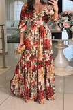 Women V-Neck Printed Lace-Up Dress Long Dress
