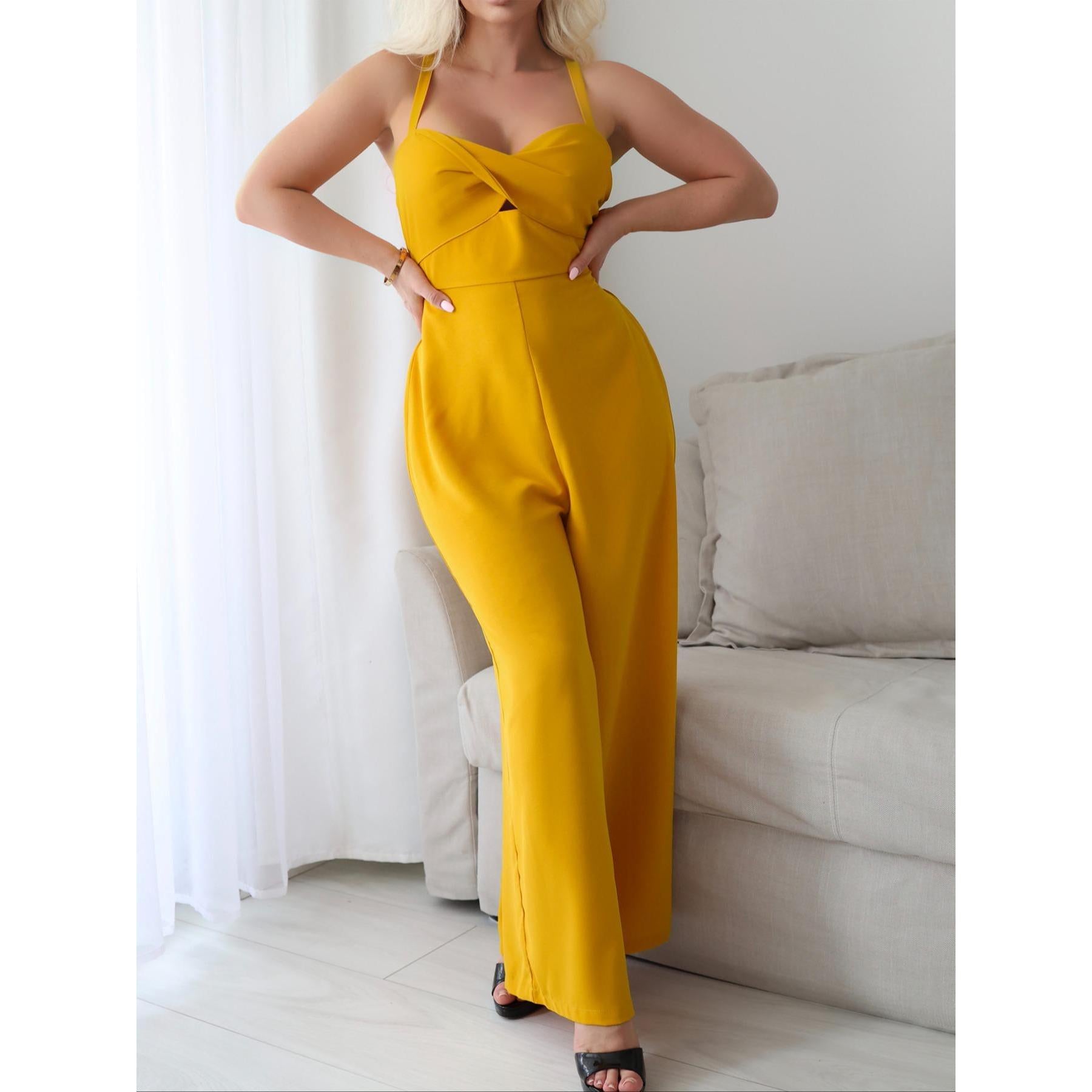 Women Spaghetti Strap Jumpsuit Twist Front Cutout Criss Cross Tie Back Wide Leg Elastic Waist Sleeveless Summer Party Romper