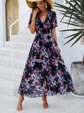 Lady's Elegant Casual Polyester Dress - Short Sleeves, V-Neck, Ditsy Floral Print, A-Line, Bohemian Style, Pull-On, Machine Washable Casual Wear for Summer Vacation Beach