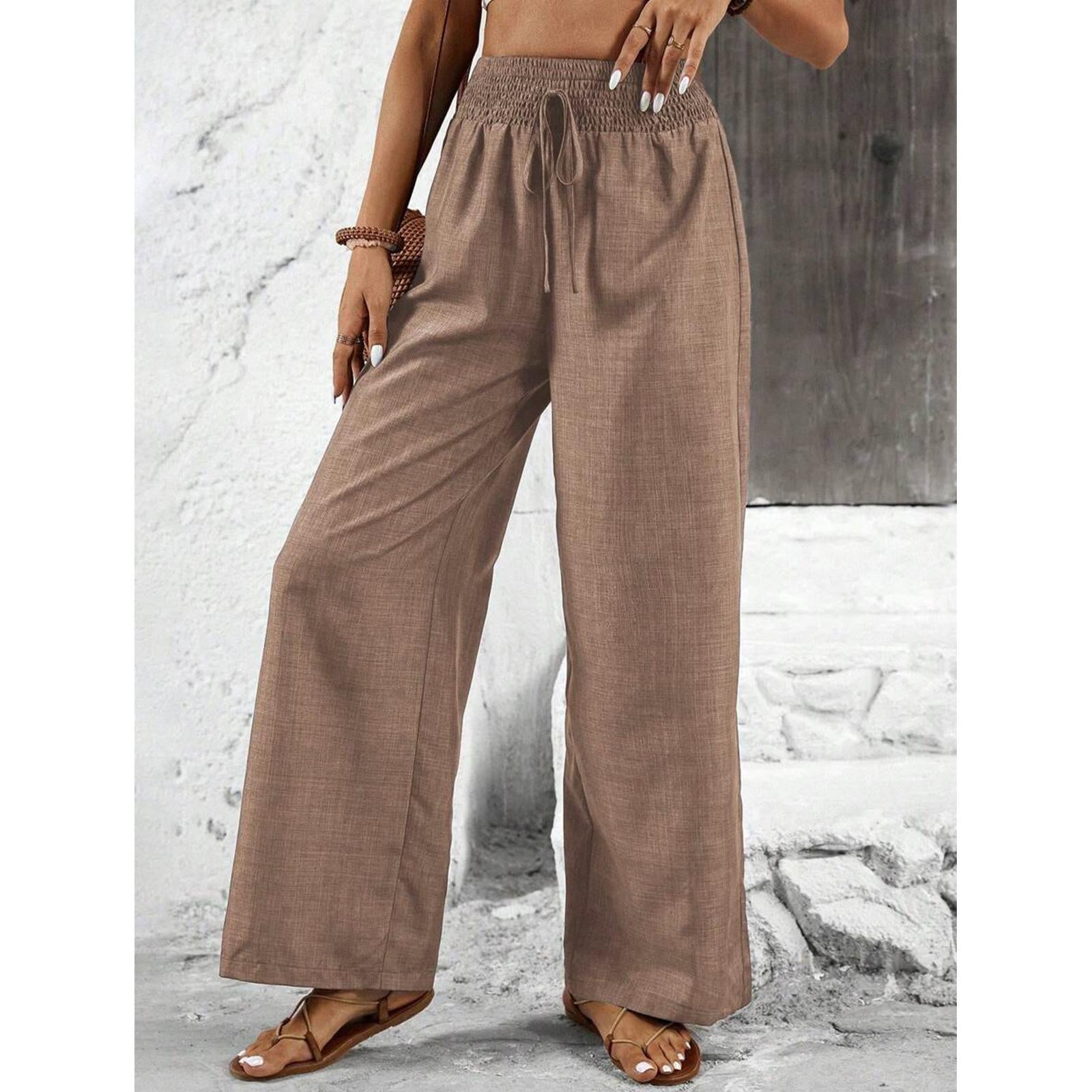 Women's Elastic High Waist Breathe-Fabric Wide Leg Pants - Adjustable Drawstring, Flowing Cut Casual Outfits Women Summer Beach Trousers