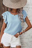 Clearly Aqua Solid Color Ruffled Short Sleeve Casual Blouse