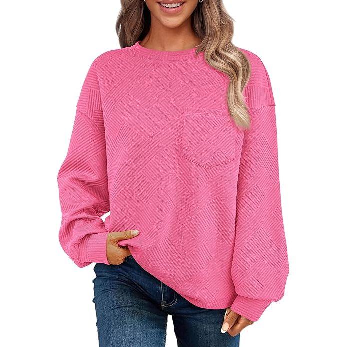 Women's Simple Soft Woven Geometric Jacquard Fabric Crew Neck Sweatshirt - Loose Drop Shoulder Long Sleeve Pullover with Ribbed Details, Casual Fall Basic Top