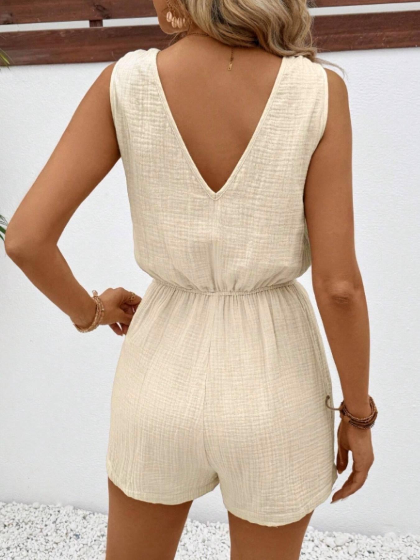 Women's Sleeveless Fitted Crinkle Breathable Romper - Adjustable Elastic Waist, Knot Spaghetti Straps, V-Neck, Drawstring, Button, Pockets, Beach Summer Casual Outdoor Shorts Jumpsuit