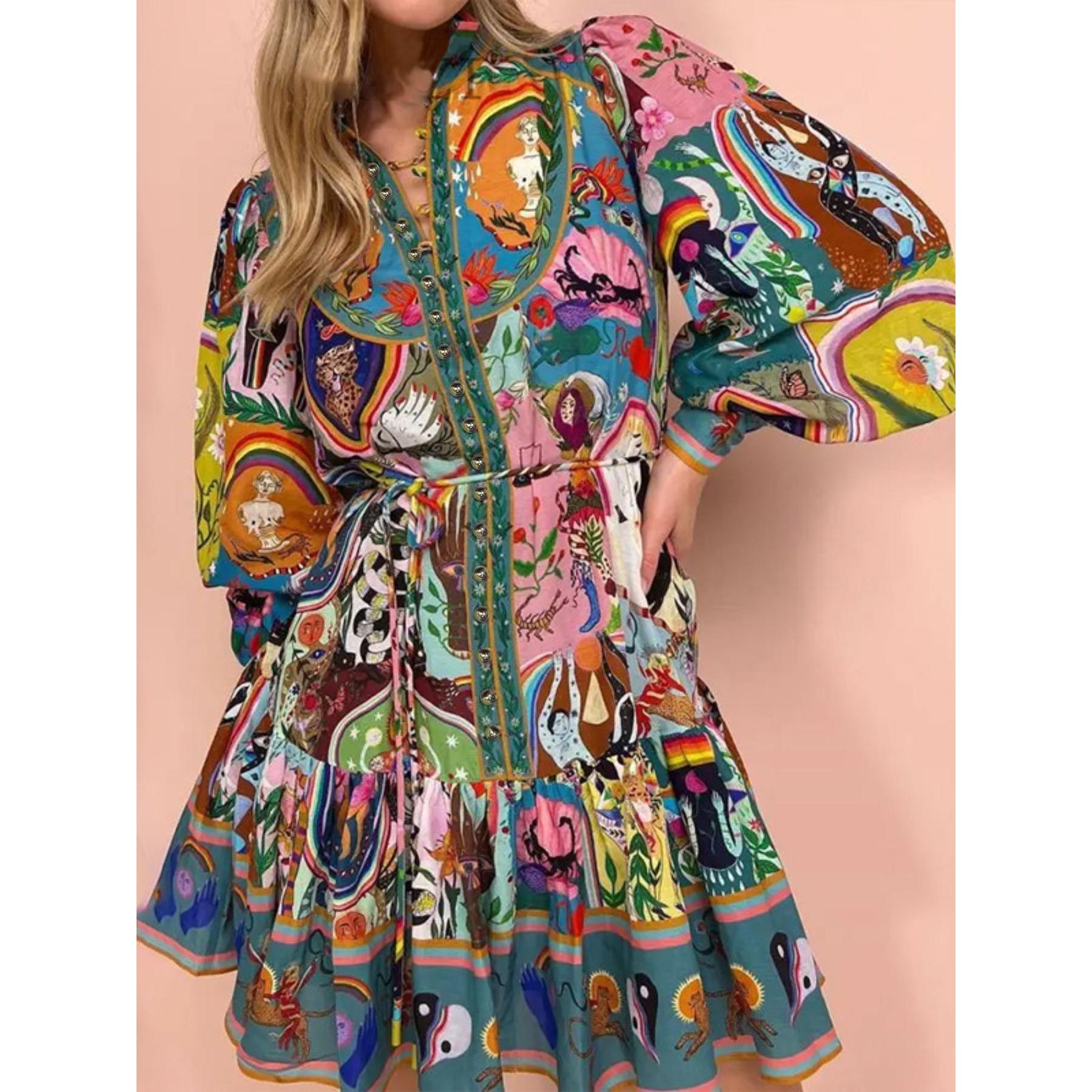 Ladies' Matching Piece Rainbow Psychedelic Print Wrap Dress - Long Puff Sleeves, Stand Collar, Tiered Mini, Comfortable Bohemian Art Graphic Belted Fabric Statement Dress with Accessories