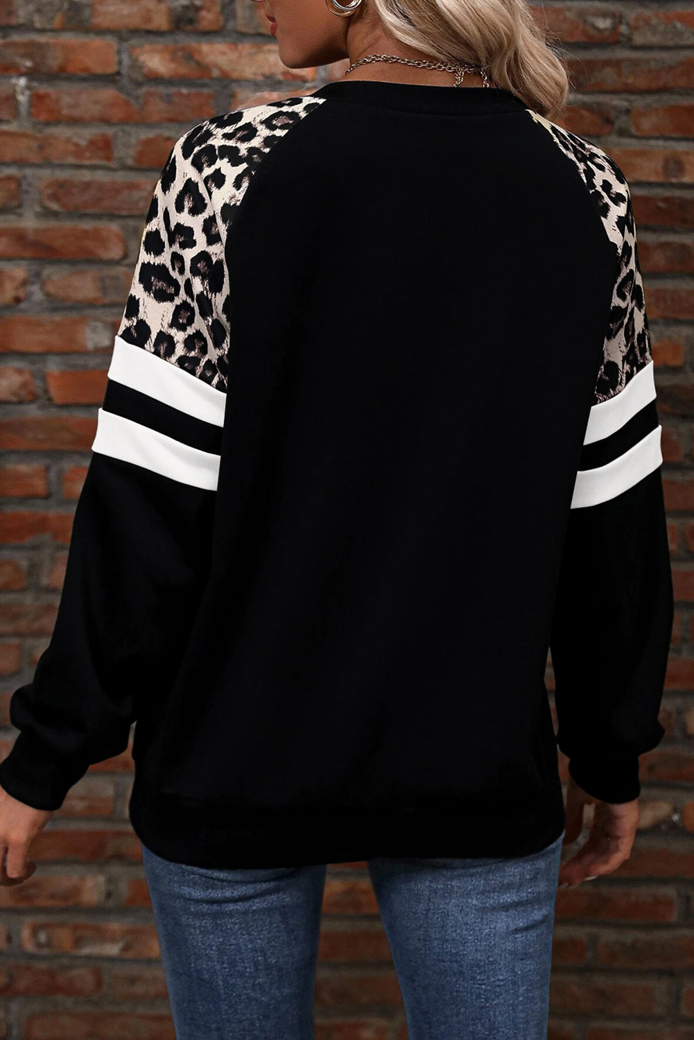 Black Leopard Print Colorblock Raglan Sleeve Sweatshirt