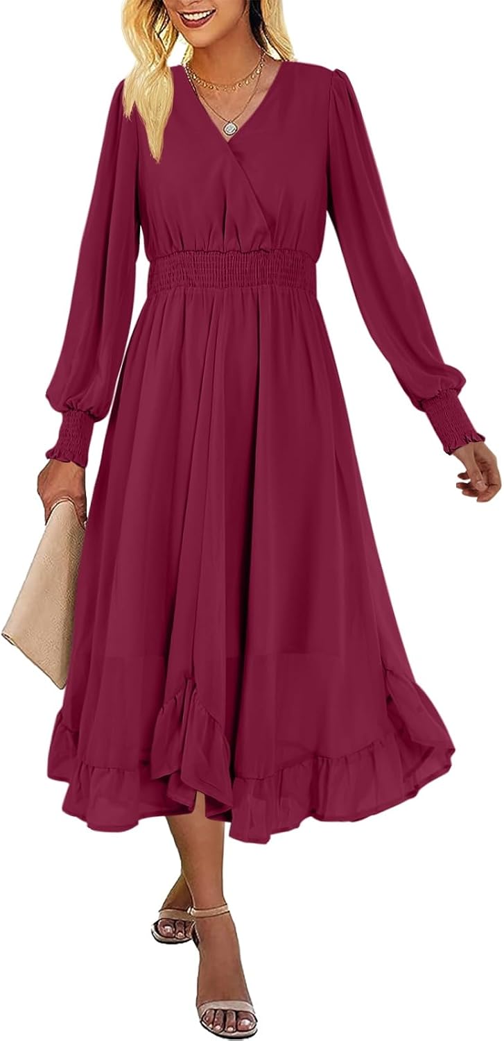 Women's Casual Wrap V Neck Long Sleeve Smocked High Waist A Line Flowy Midi Dress