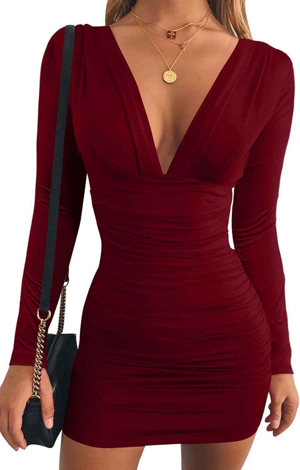 Women's Sexy Long Sleeve V Neck Ruched Bodycon Mini Party Cocktail Dress