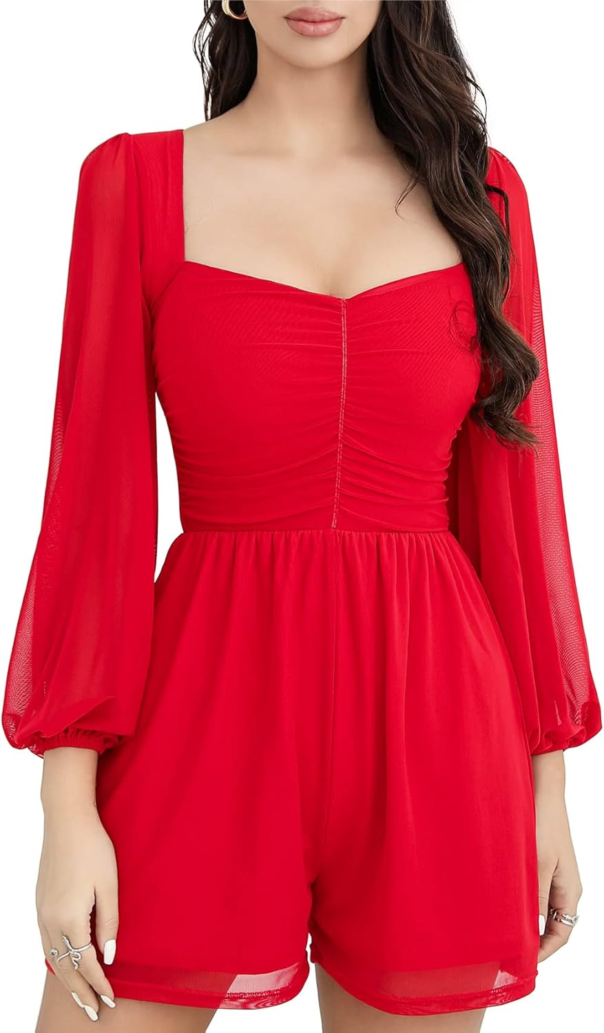 Women's Rompers Ruched Lantern Long Sleeve One Piece Outfit Solid Square Neck Shorts Jumpsuit