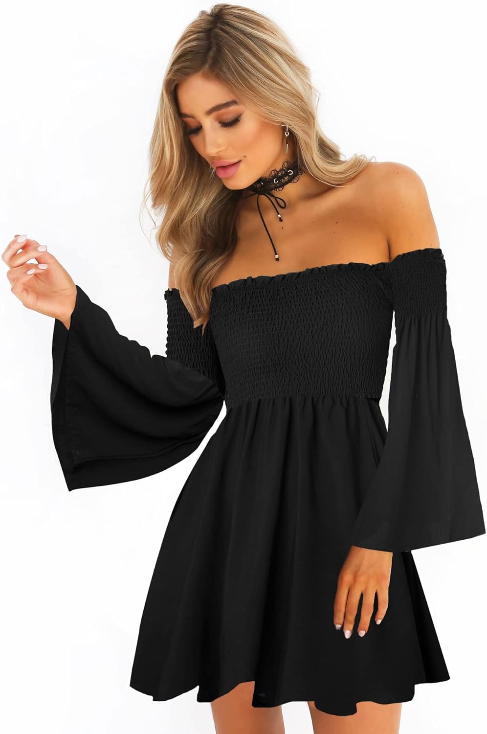 Women's Dress Summer Floral Long Sleeve Off Shoulder Casual Mini Dresses