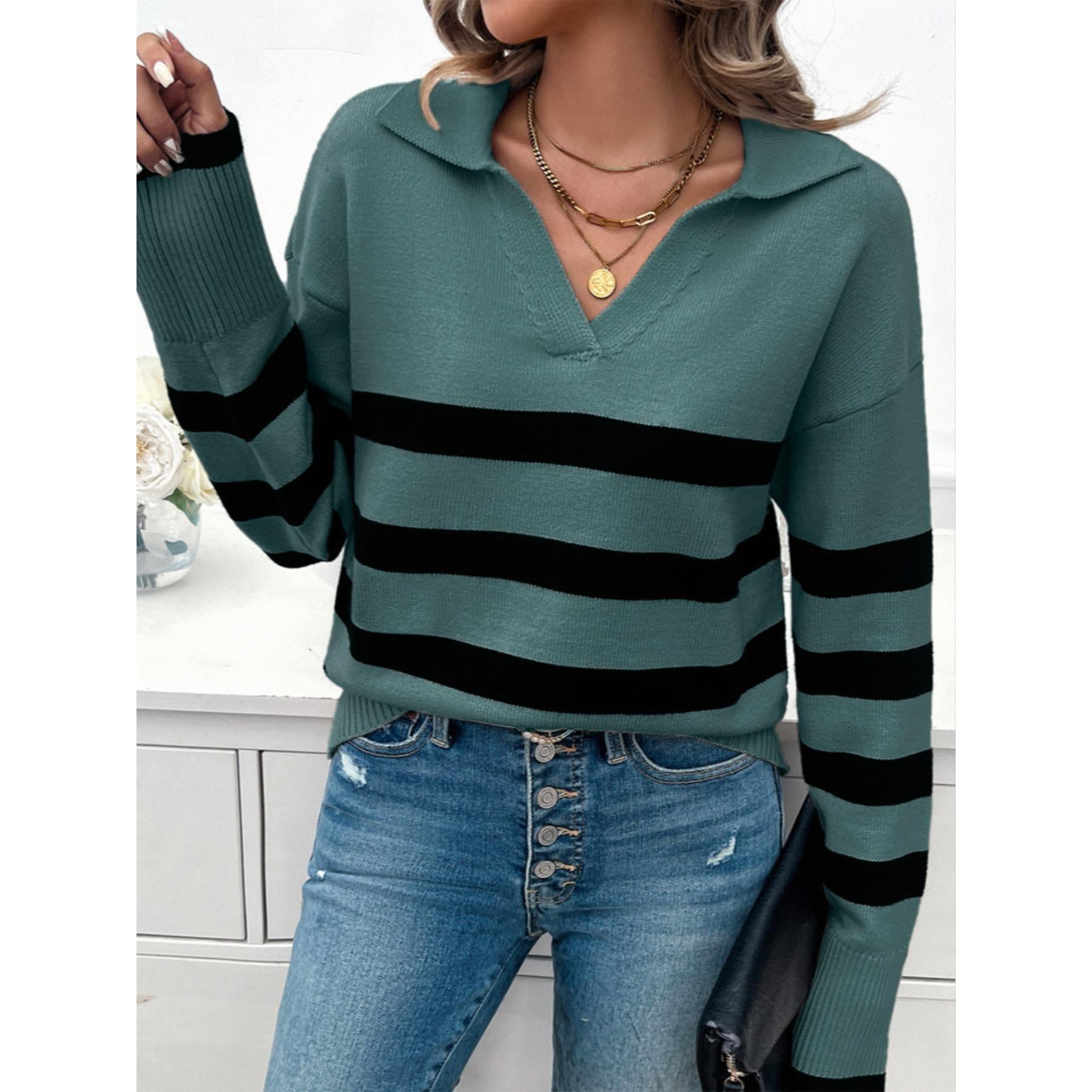 Women's Soft Ribbed Striped Polo Collar V-Neck Long-Sleeve Loose Drop-Shoulder Casual Pullover Tops - Fall Winter Sweaters, Striped Sleeve Pullovers