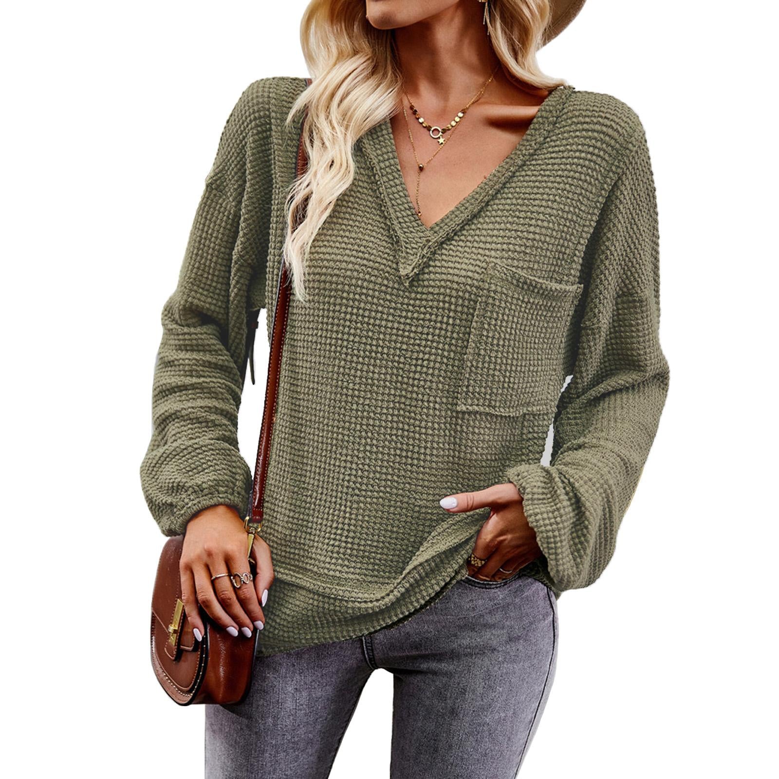 Women's Waffle Knit Raw Edge V-Neck Long Sleeve Blouse with Balloon Cuffs, Casual Loose Fit, Chest Pocket