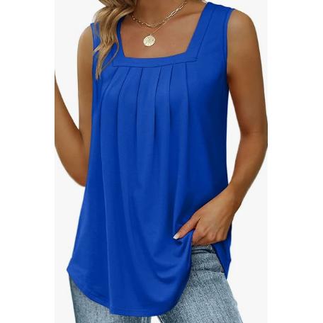 Women Square Neck Pleated Tank Top Loose Curved Hem Sleeveless Shirts Casual Summer Flowy Camisole Tops
