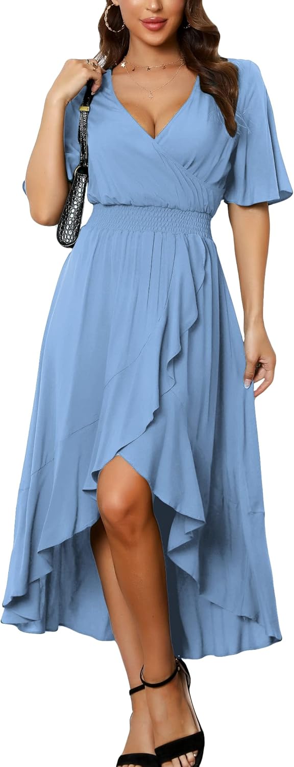 Womens Short Sleeve Floral High Low V-Neck Flowy Party Long Maxi Dress