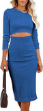 Women Long Sleeve Bodycon Dress Casual Fashion Crewneck Cut Out Knit Ribbed Slim Midi Pencil Dress