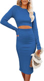Women Long Sleeve Bodycon Dress Casual Fashion Crewneck Cut Out Knit Ribbed Slim Midi Pencil Dress