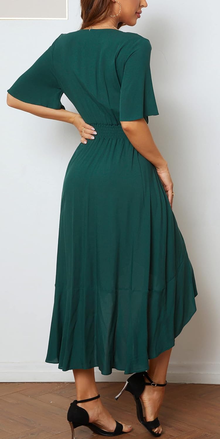 Womens Short Sleeve Floral High Low V-Neck Flowy Party Long Maxi Dress