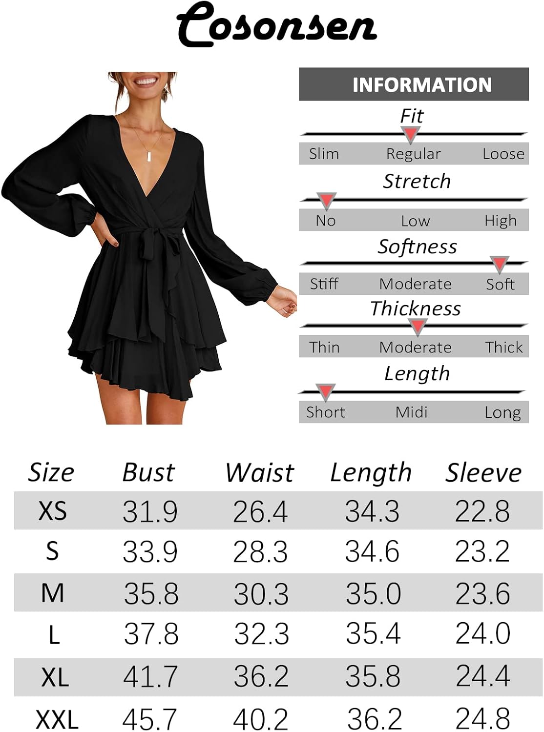 Women's Dress Deep V-Neck Long Sleeve Waist Tie Ruffle Mini Swing Skater Dresses