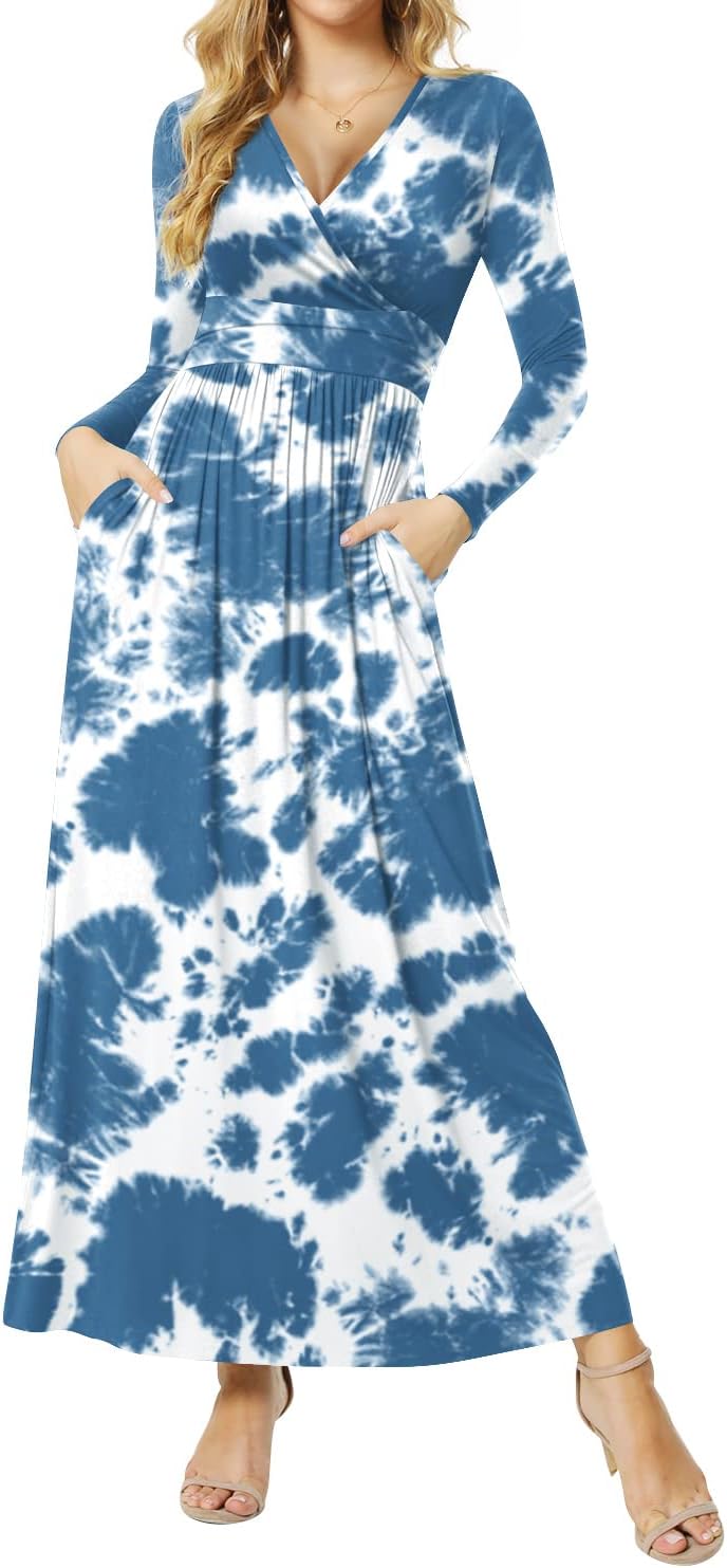 Women's Dresses Deep V-Neck Long Sleeve Empire Waist Long Dress Casual with Pockets