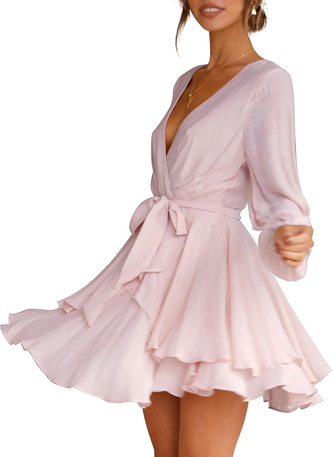 Women's Dress Deep V-Neck Long Sleeve Waist Tie Ruffle Mini Swing Skater Dresses