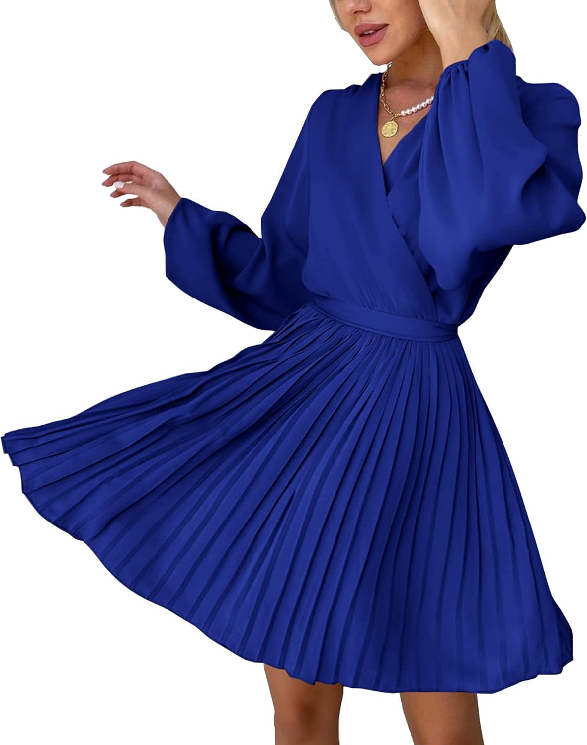 Women Casual Summer Fall Dresses 2023 Boho Wrap V Neck Puff Long Sleeve Cocktail Flowy Pleated A-Line Mini Dress