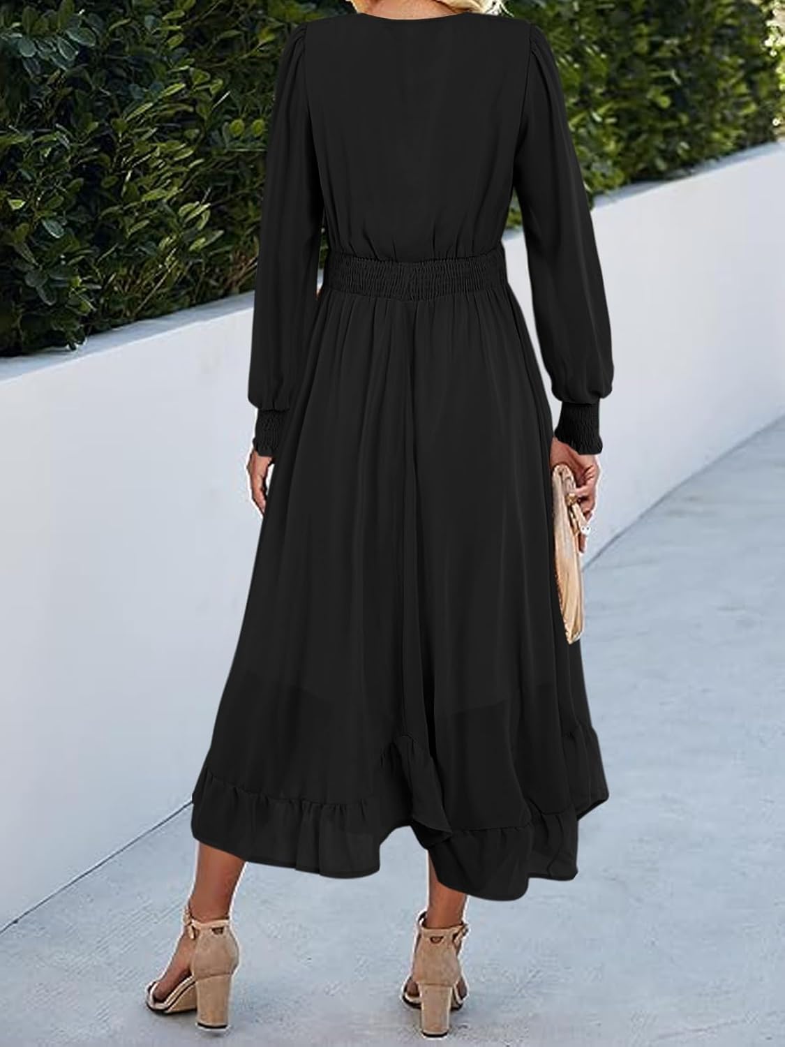 Women's Casual Wrap V Neck Long Sleeve Smocked High Waist A Line Flowy Midi Dress