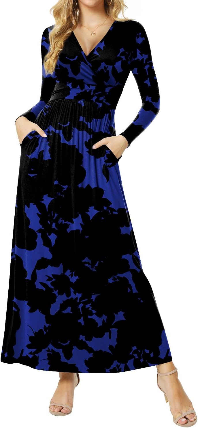 Women's Dresses Deep V-Neck Long Sleeve Empire Waist Long Dress Casual with Pockets