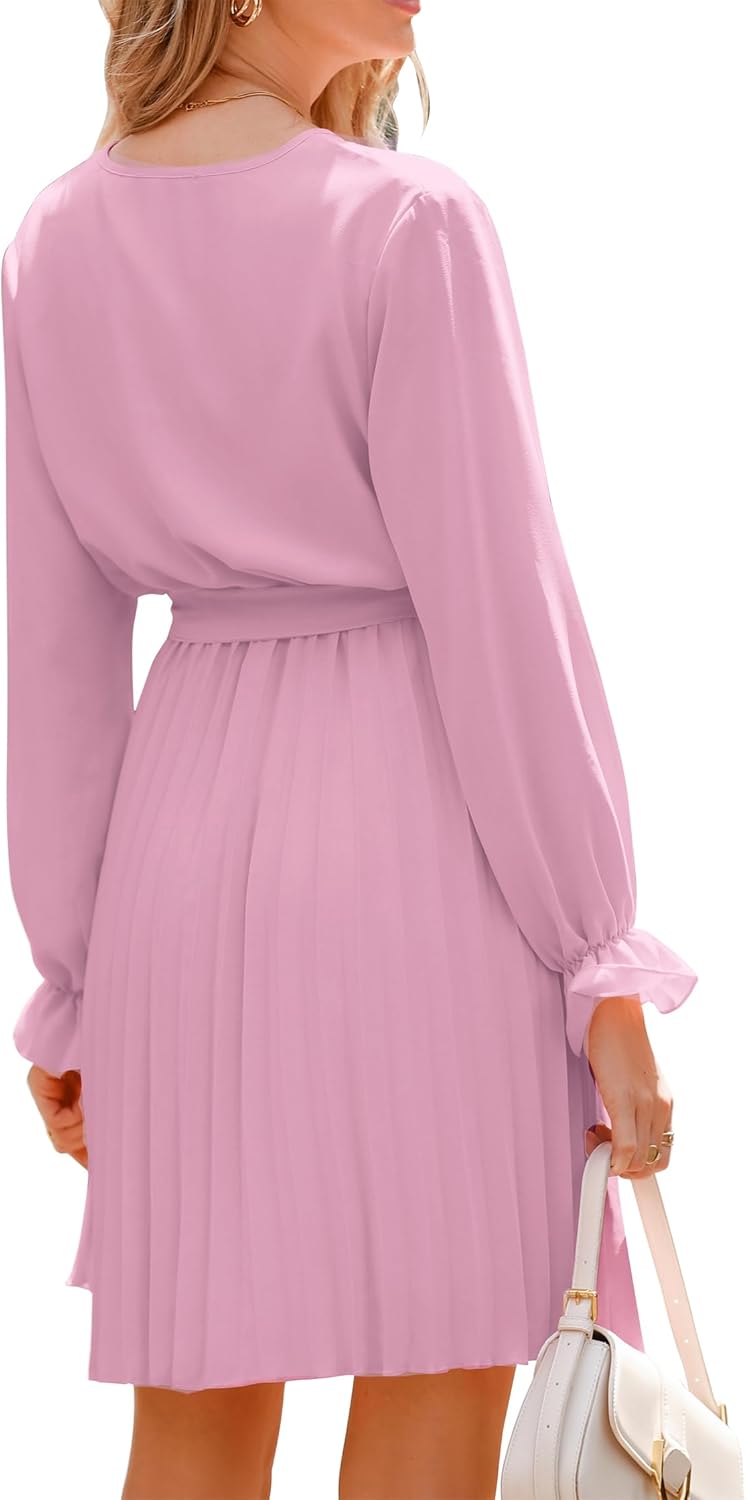 Women's 2023 Fall Long Sleeve Wrap V Neck Pleated Mini Cocktail Dress Casual A Line Flowy Wedding Guest Dresses