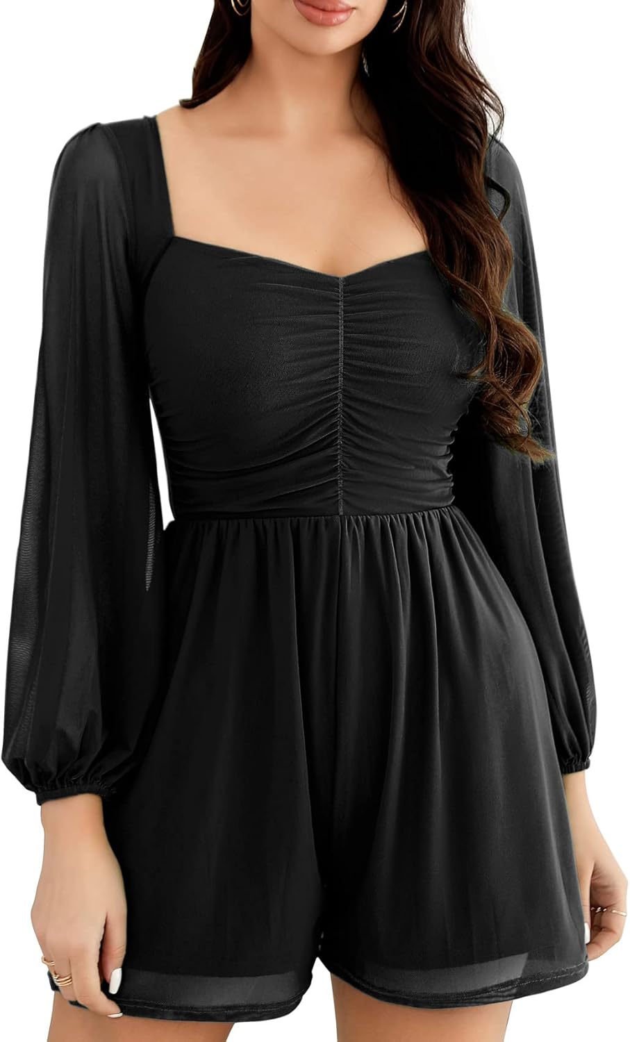 Women's Rompers Ruched Lantern Long Sleeve One Piece Outfit Solid Square Neck Shorts Jumpsuit