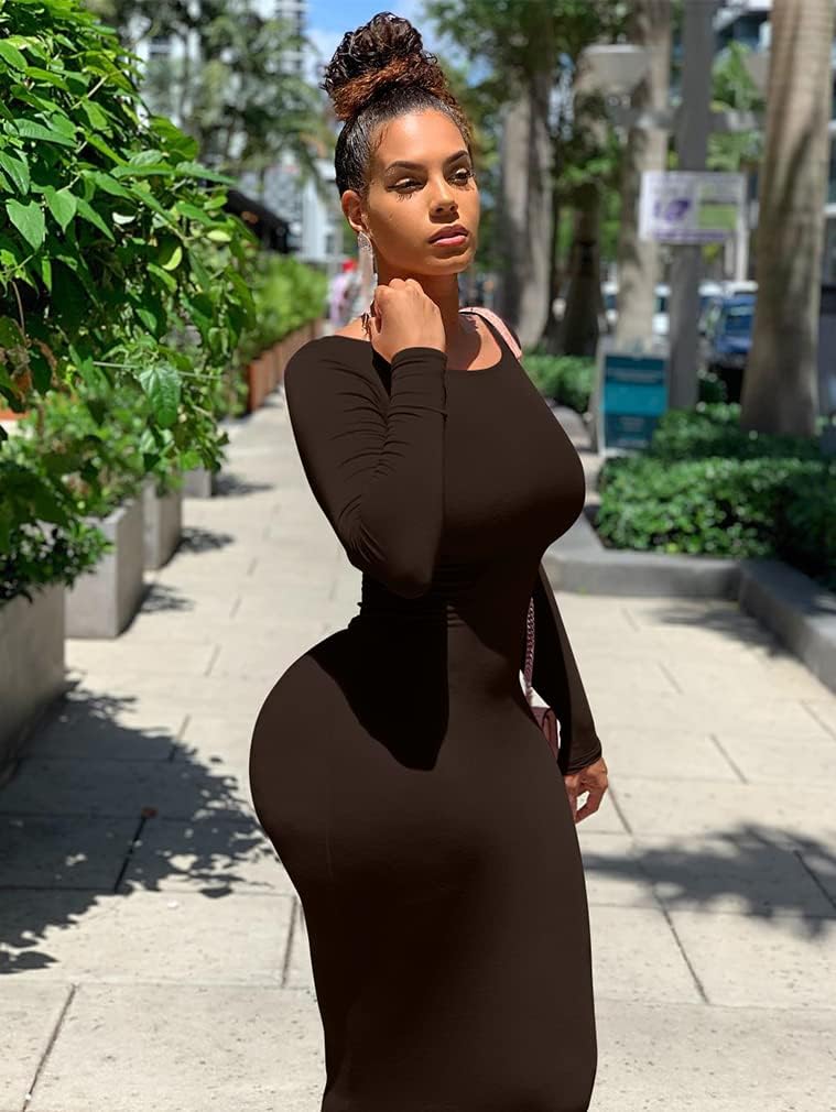 Women's Sexy Bodycon Long Sleeve Round Neck Work Office Midi Pencil Dress