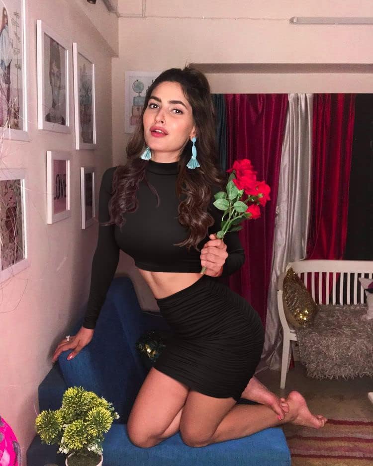 Women's Sexy Bodycon 2 Piece Outfits Dress Long Sleeve Crop Top Ruched Skirt