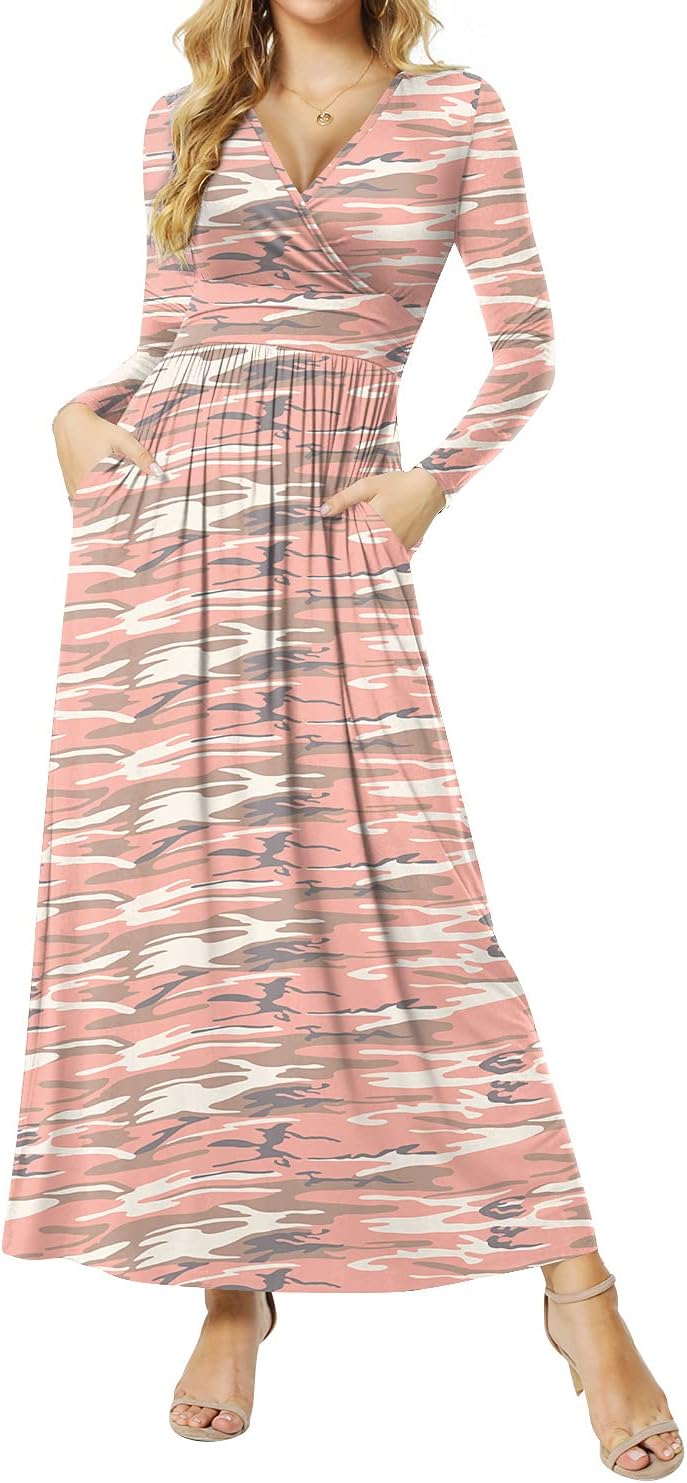 Women's Dresses Deep V-Neck Long Sleeve Empire Waist Long Dress Casual with Pockets