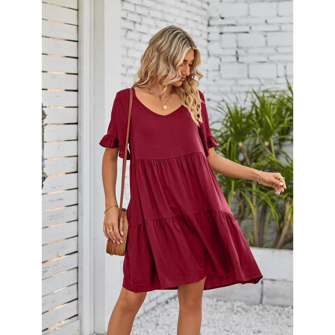 Women's Oversized Minimalist V-Neck Ruffle Short-Sleeve Tiered Midi Dress - Lightweight Soft Basic Breathable Fabric, Feminine Casual Summer Wear