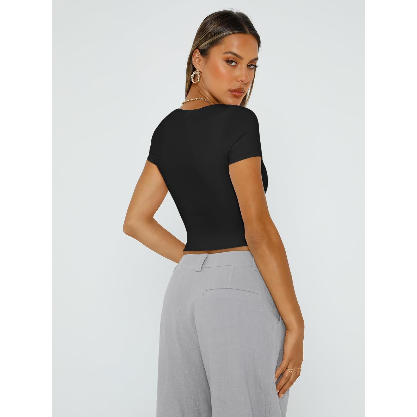Women's Square Neck Short Sleeve Crop Top, Slim Fit Basic Solid Color T-Shirt