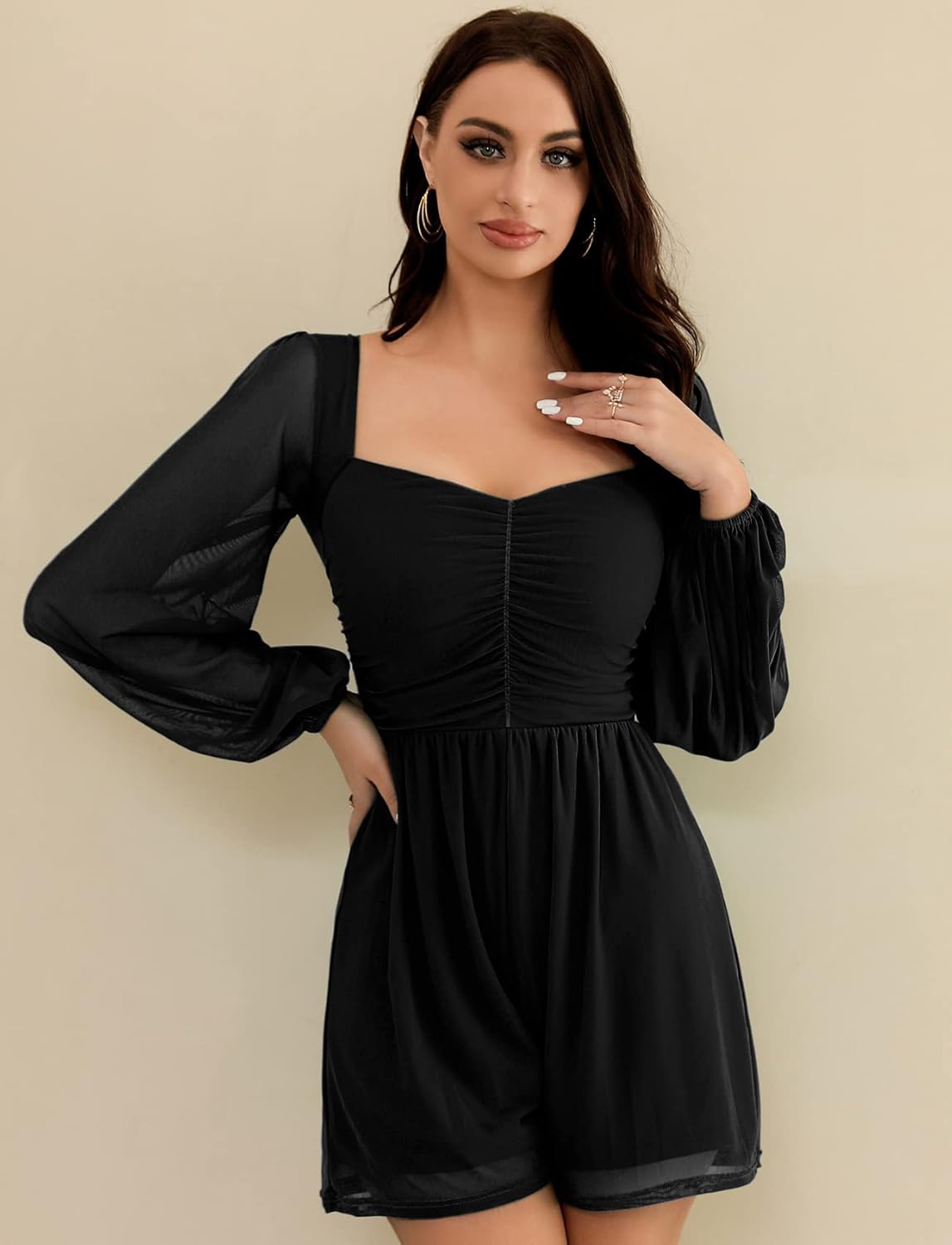 Women's Rompers Ruched Lantern Long Sleeve One Piece Outfit Solid Square Neck Shorts Jumpsuit