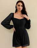 Women's Rompers Ruched Lantern Long Sleeve One Piece Outfit Solid Square Neck Shorts Jumpsuit