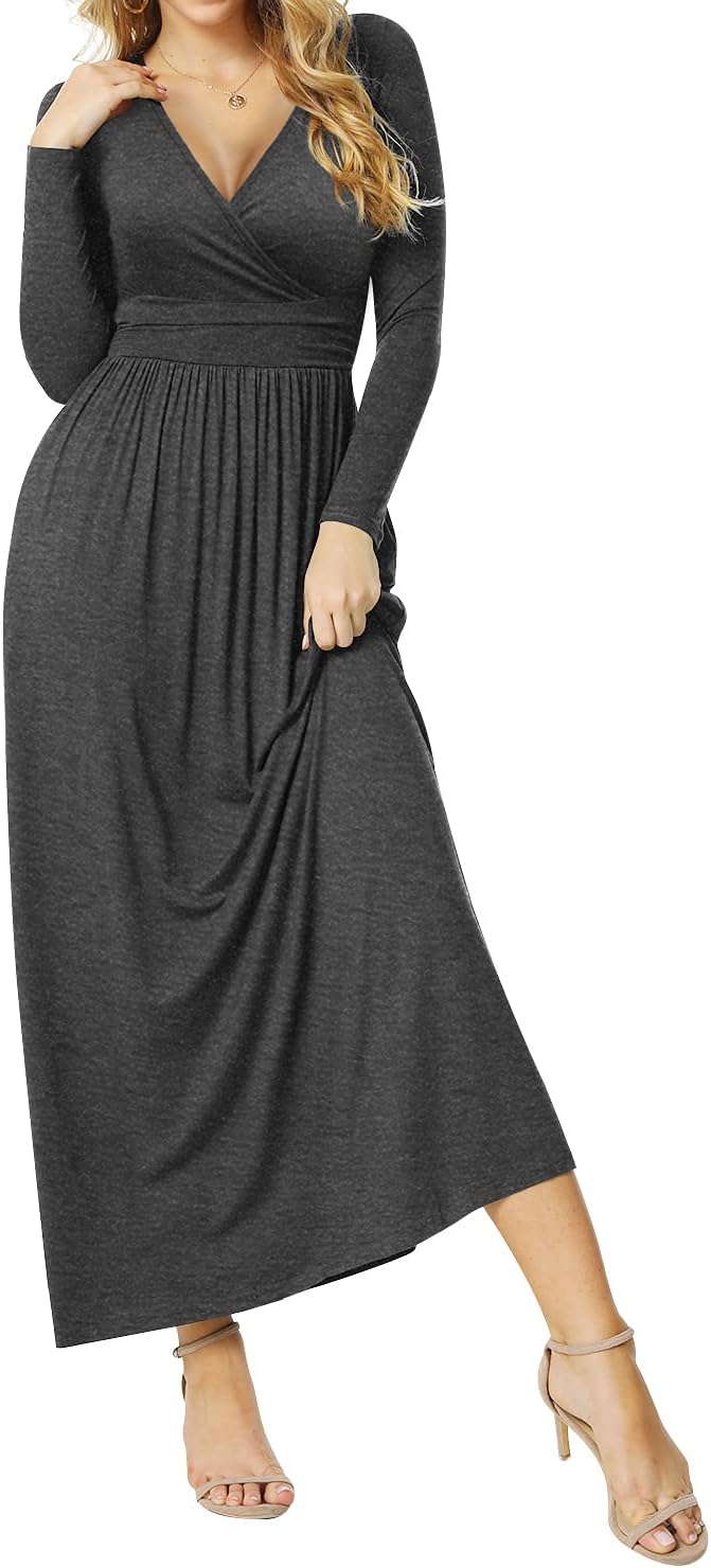 Women's Dresses Deep V-Neck Long Sleeve Empire Waist Long Dress Casual with Pockets