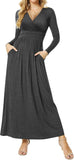 Women's Dresses Deep V-Neck Long Sleeve Empire Waist Long Dress Casual with Pockets