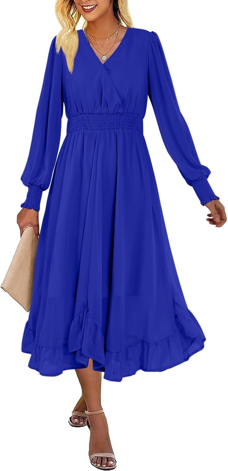 Women's Casual Wrap V Neck Long Sleeve Smocked High Waist A Line Flowy Midi Dress