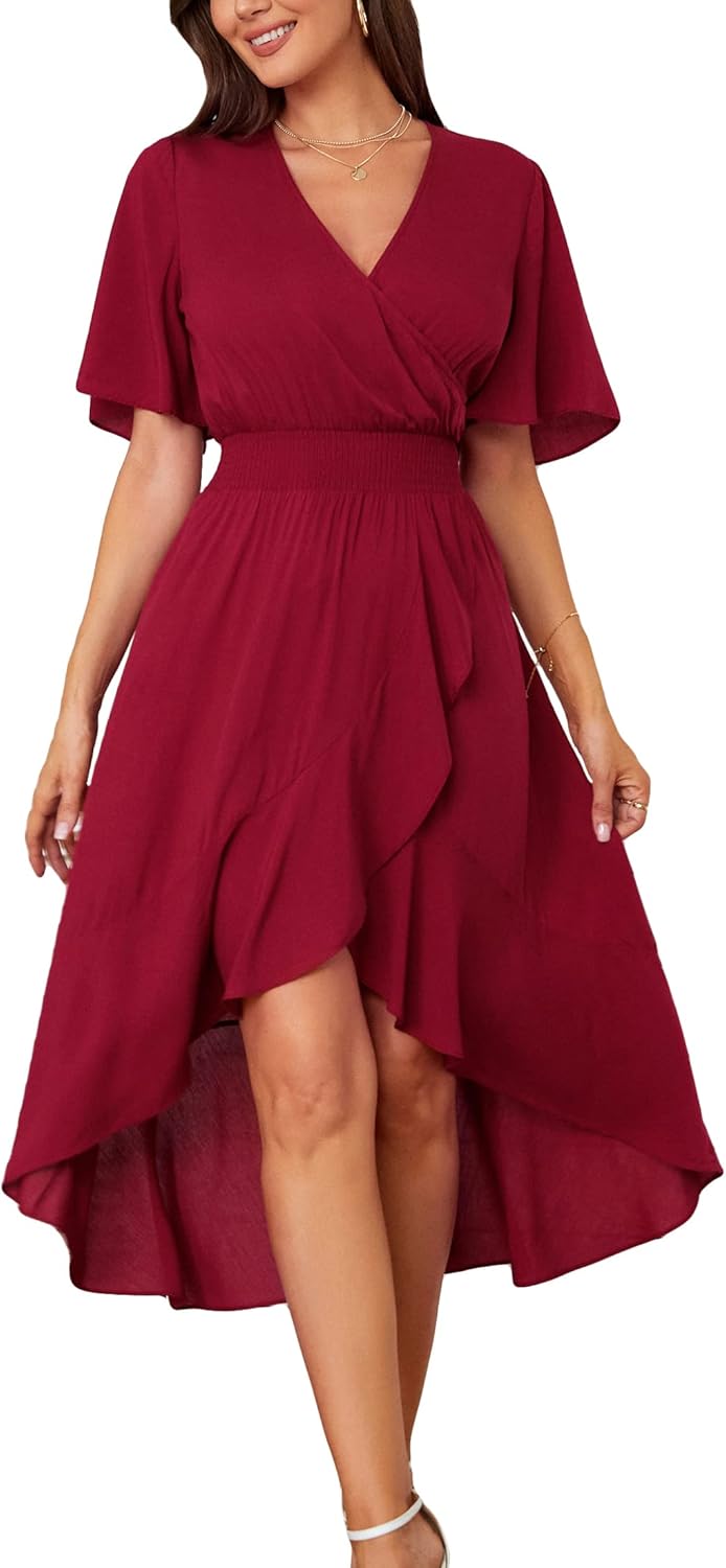 Womens Short Sleeve Floral High Low V-Neck Flowy Party Long Maxi Dress