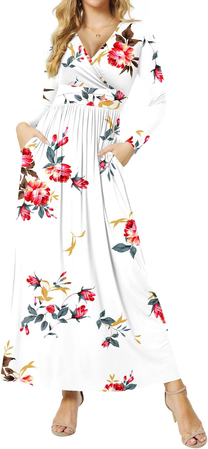 Women's Dresses Deep V-Neck Long Sleeve Empire Waist Long Dress Casual with Pockets