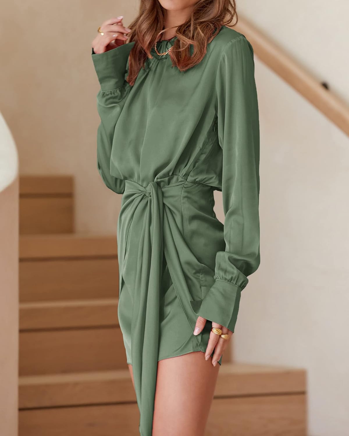 Women Casual Long Sleeve Ruched Wrap Dress Crew Neck Tie Waist Short Dresses Solid Party Dresses Satin Cocktail Dress