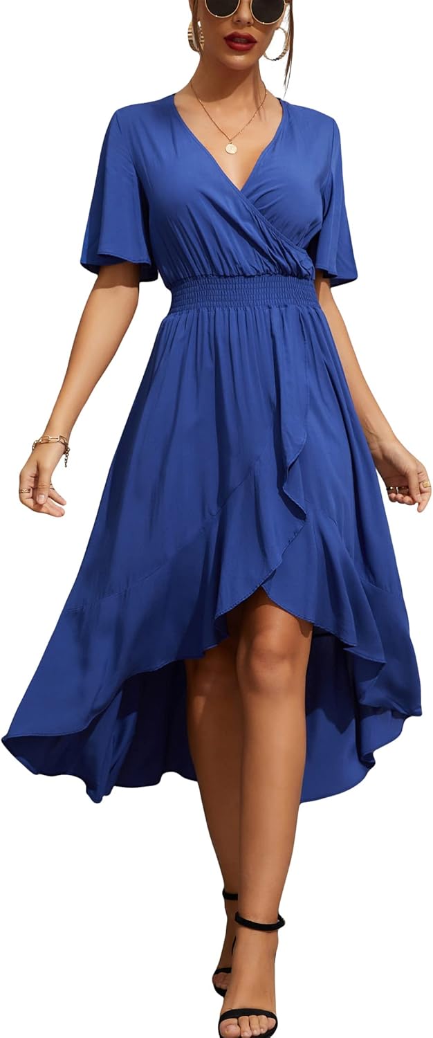 Womens Short Sleeve Floral High Low V-Neck Flowy Party Long Maxi Dress