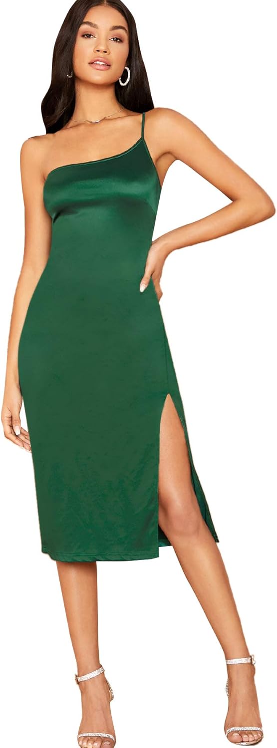Women's Elegant One Shoulder Sleeveless Split Hem Satin Party Cocktail Midi Dress