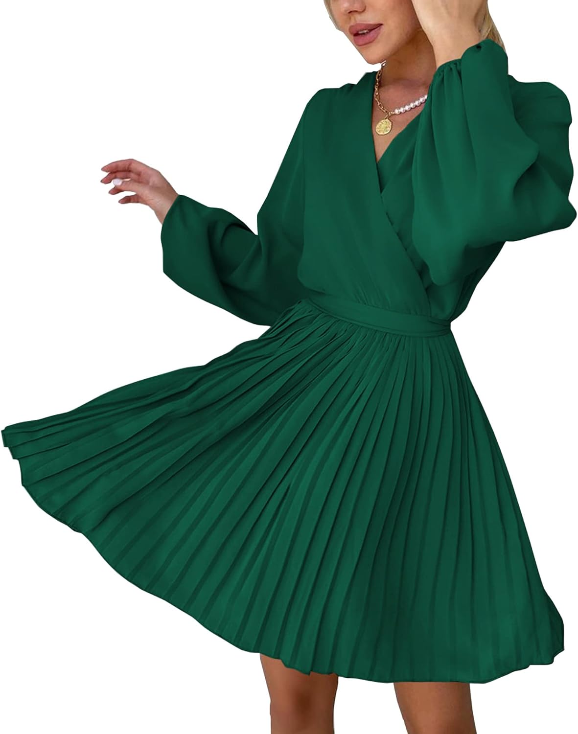 Women Casual Summer Fall Dresses 2023 Boho Wrap V Neck Puff Long Sleeve Cocktail Flowy Pleated A-Line Mini Dress