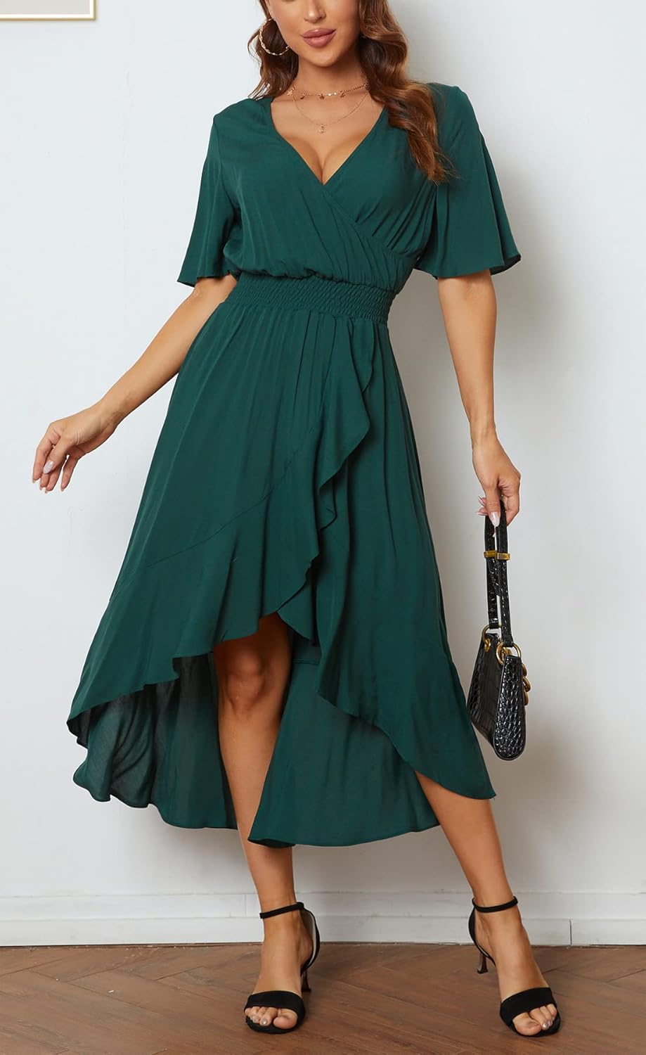 Womens Short Sleeve Floral High Low V-Neck Flowy Party Long Maxi Dress