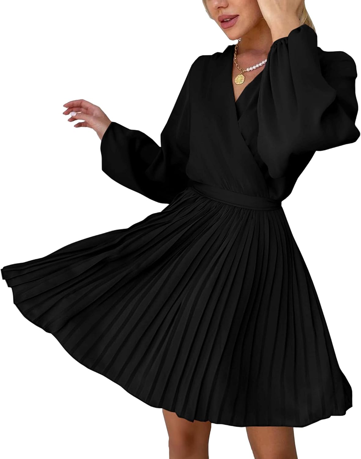 Women Casual Summer Fall Dresses 2023 Boho Wrap V Neck Puff Long Sleeve Cocktail Flowy Pleated A-Line Mini Dress