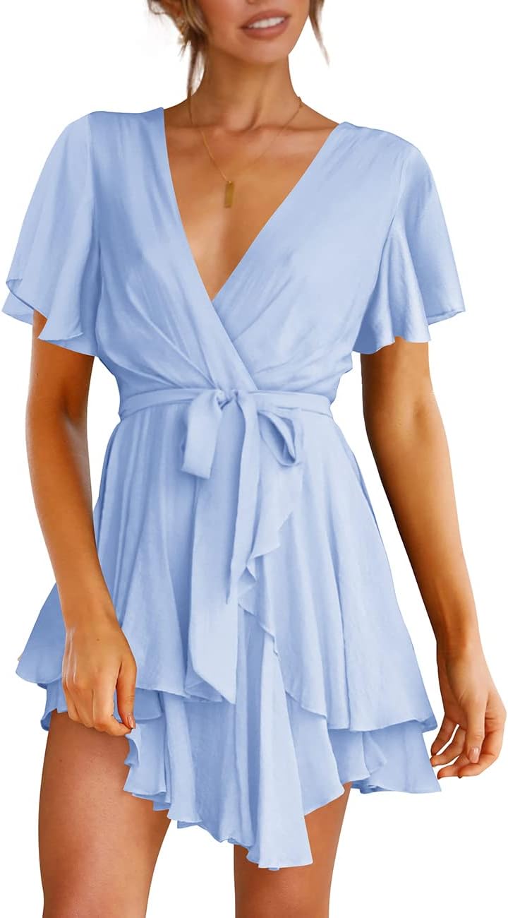 Women's Dress Deep V-Neck Long Sleeve Waist Tie Ruffle Mini Swing Skater Dresses