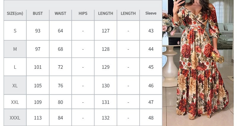 Women V-Neck Printed Lace-Up Dress Long Dress