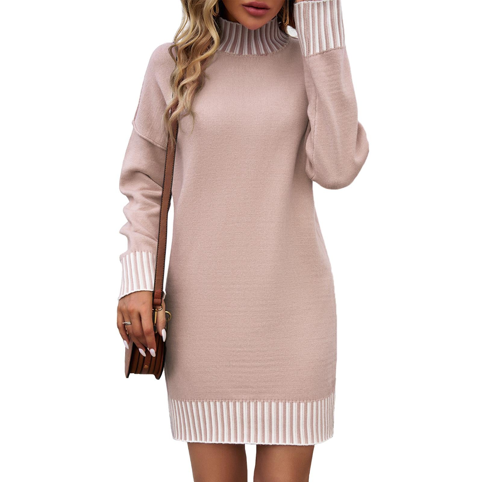 Women's Casual Turtleneck Striped Color Block Knit Mini Dress - Long Sleeve, Loose, Lightweight, Soft, Simple Solid Bottom Dress for Fall Winter, Coat-Friendly Outdoor Wear